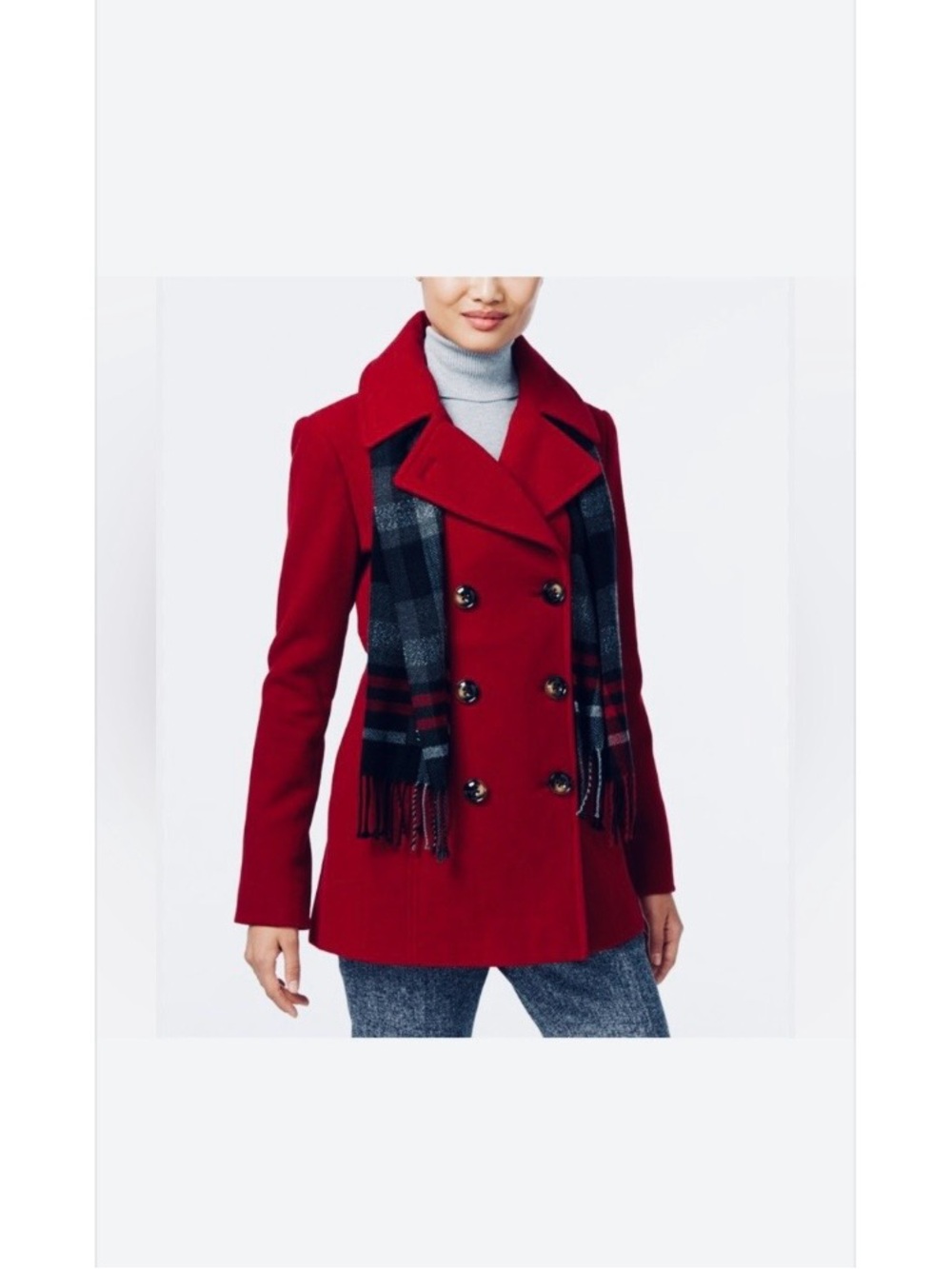 Michael Kors Wool Blend Double Breasted Burgandy Red Pea Coat with Logo Buttons
